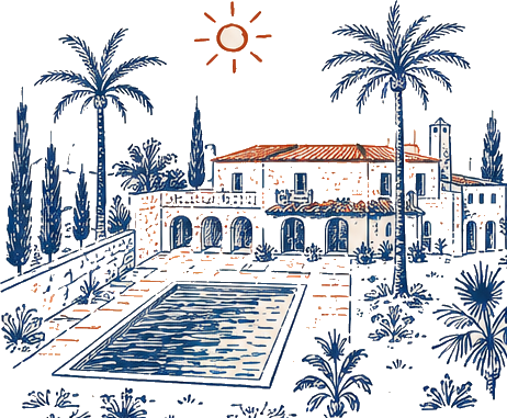 Illustration of the Binissaida estate with its pool, palms and courtyards